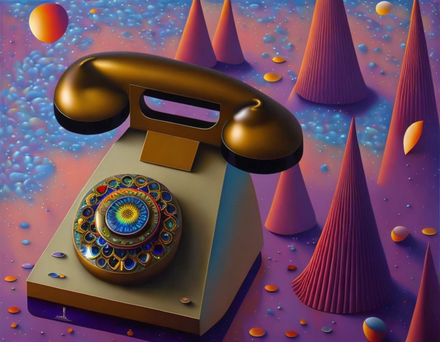 Vintage Phone in Surreal Landscape with Cone Shapes and Floating Spheres