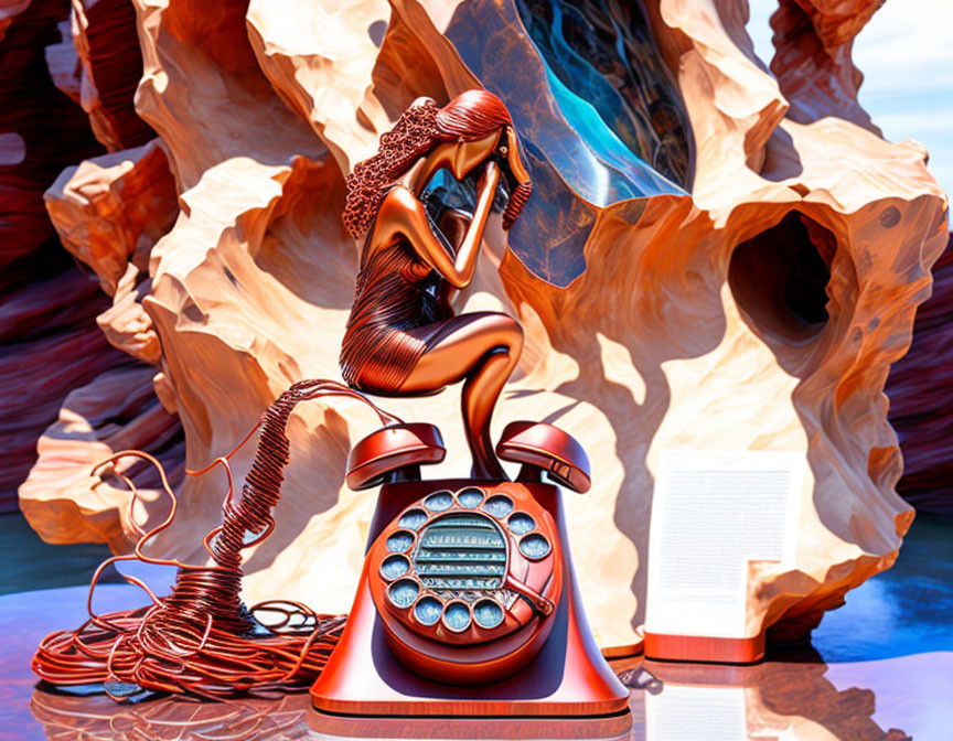 Surreal artwork: Woman fused with red telephone on rocky background with book and pen