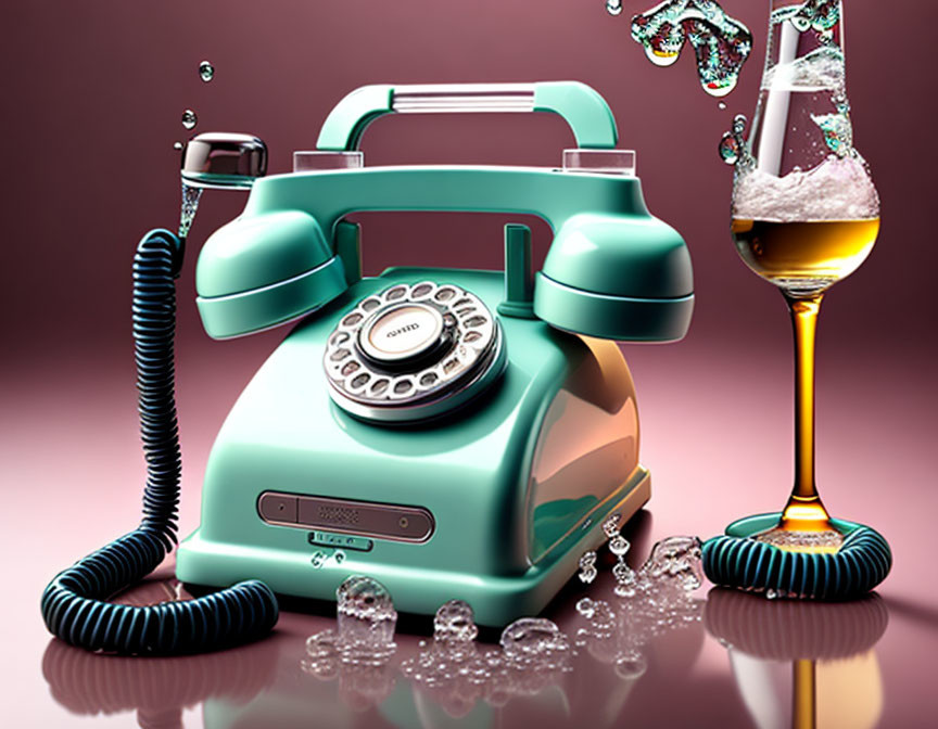 Vintage Turquoise Rotary Phone and Champagne Glass on Pink Background