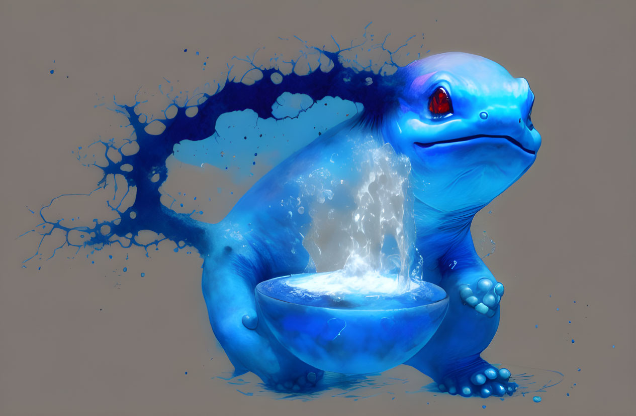 Blue fantastical salamander emerging from water bowl on muted background