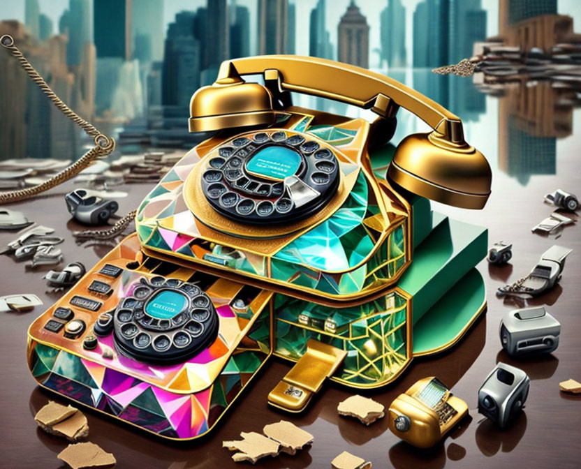 Colorful retro rotary phones and vintage cars against urban skyscraper backdrop