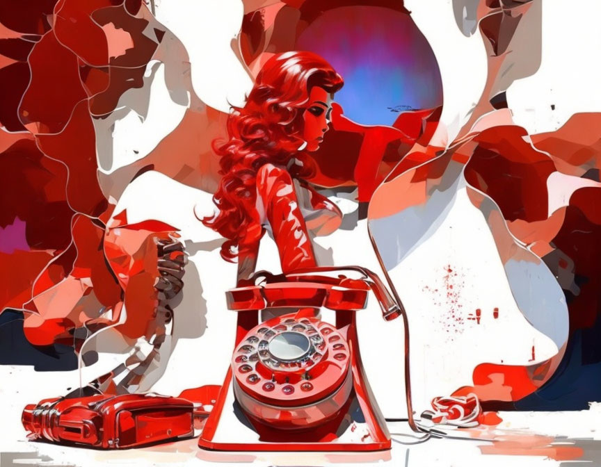 Abstract art: Woman with red hair next to rotary phone in red and white backdrop