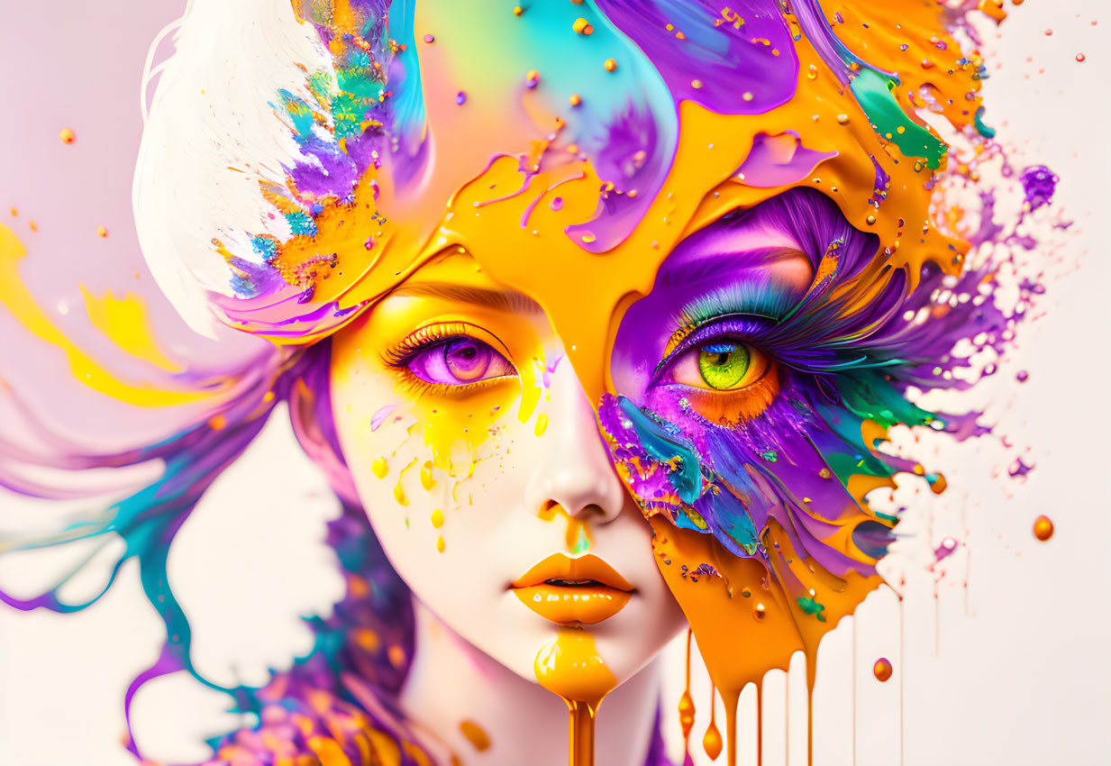 Colorful digital portrait of a woman with paint splashes