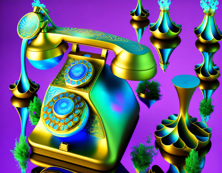 Colorful Surrealist Art: Vintage Telephone & Whimsical Structures