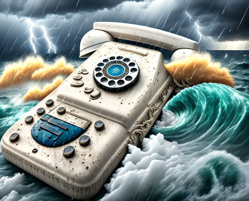 Vintage rotary telephone lost at sea in stormy weather