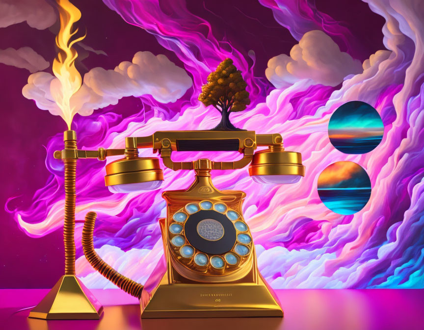 Surreal golden vintage telephone in vibrant purple and pink sky