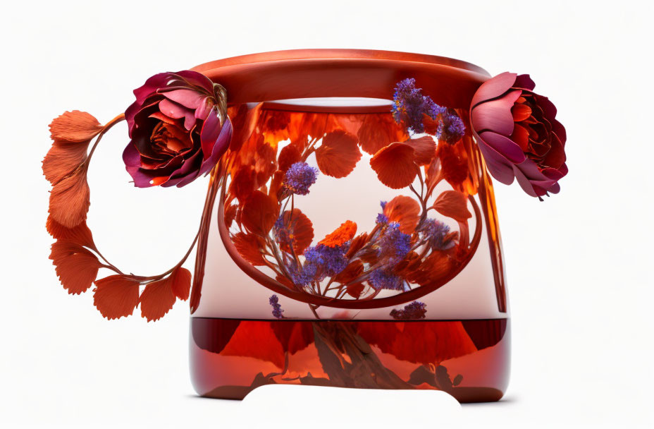 Transparent Red Vase with Assorted Flowers on White Background