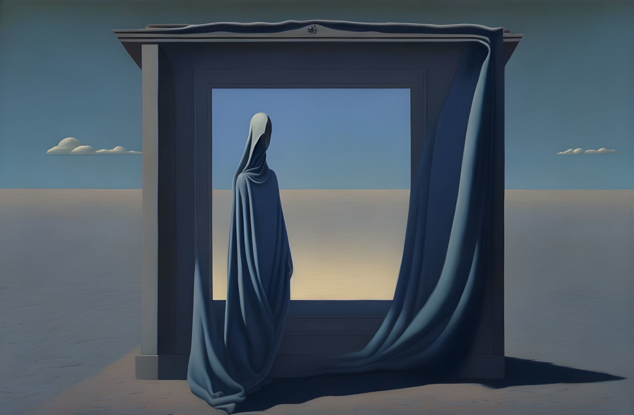 Surreal painting of draped figure overlooking desert landscape