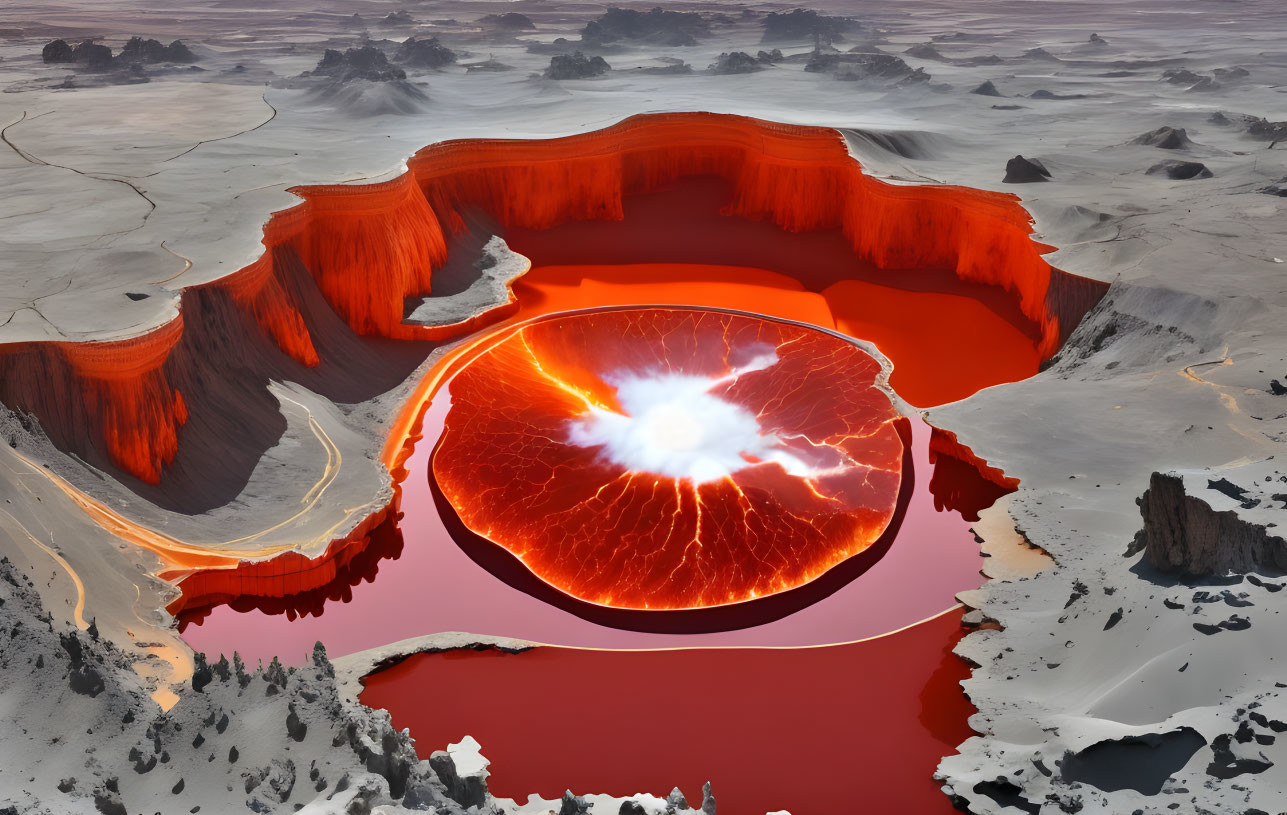 Vibrant red lava lake in active volcano amidst snowy terrain