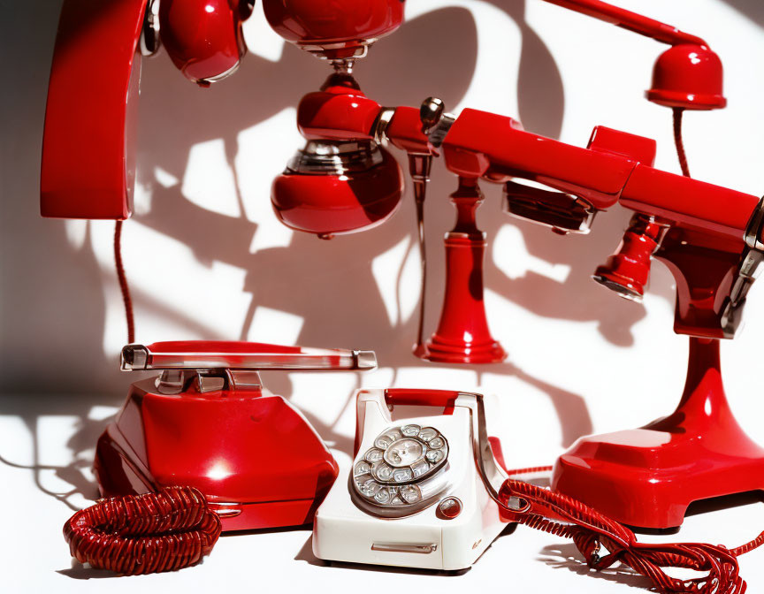 Vintage Red Rotary Telephones on White Surface