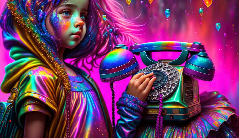 Colorful digital artwork: Young girl with vibrant hair and old-fashioned telephone in neon setting.