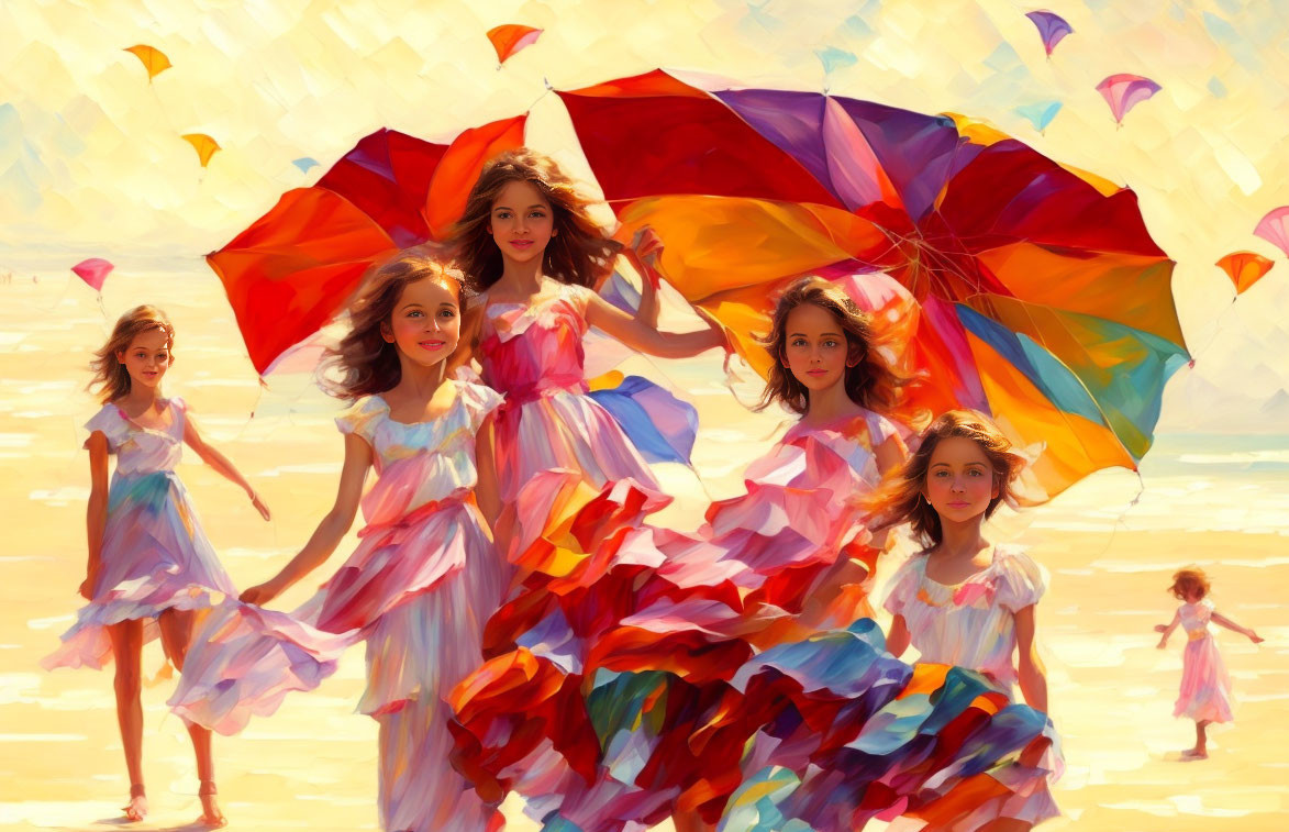 Seven Females in Flowy Dresses on Sunny Beach with Kites and Umbrella