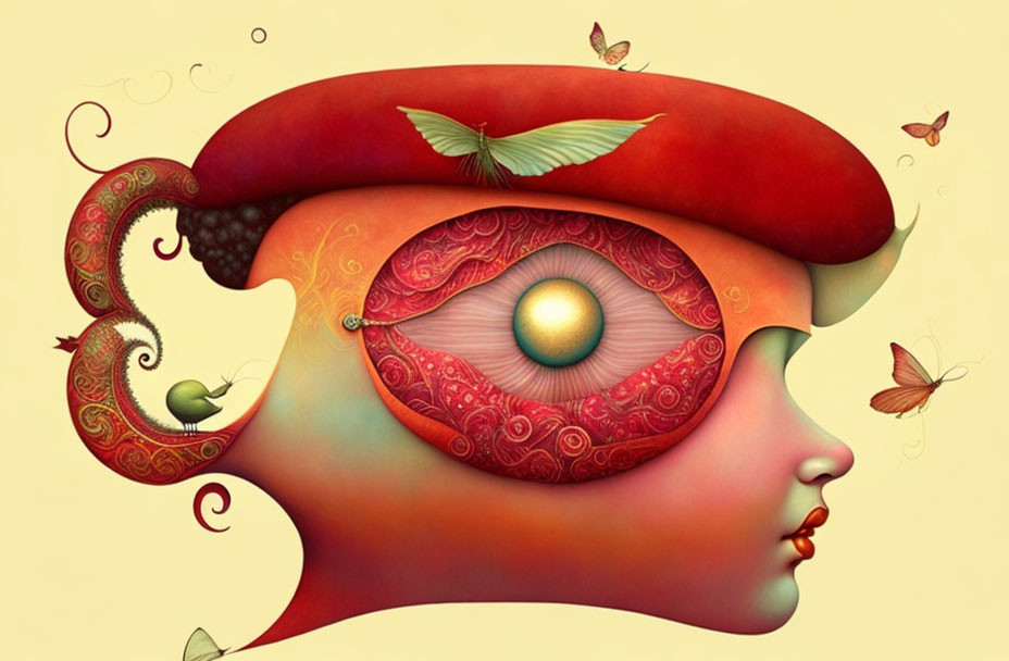 Surrealistic artwork of face with circular eye pattern and red cap