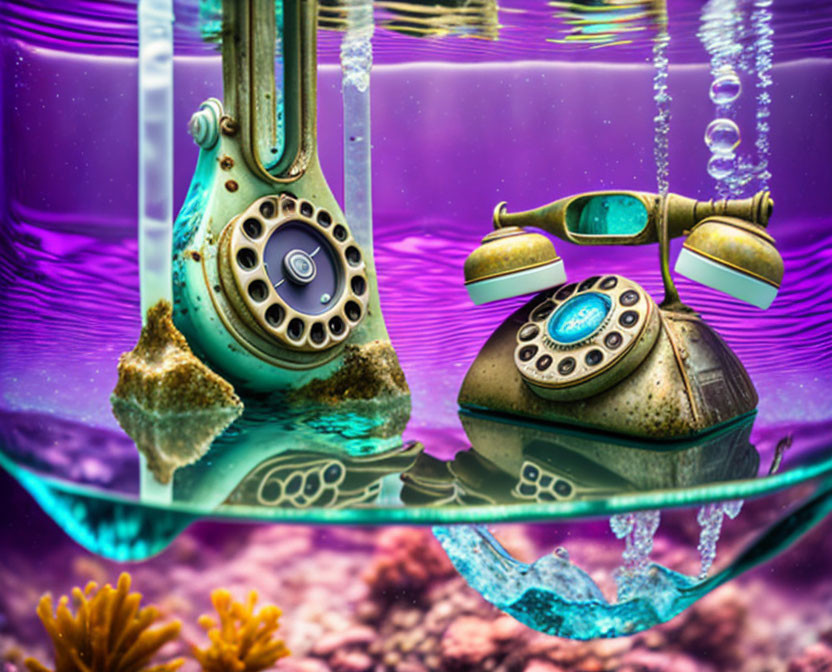 Vintage Rotary Telephones Submerged in Water with Coral and Bubbles