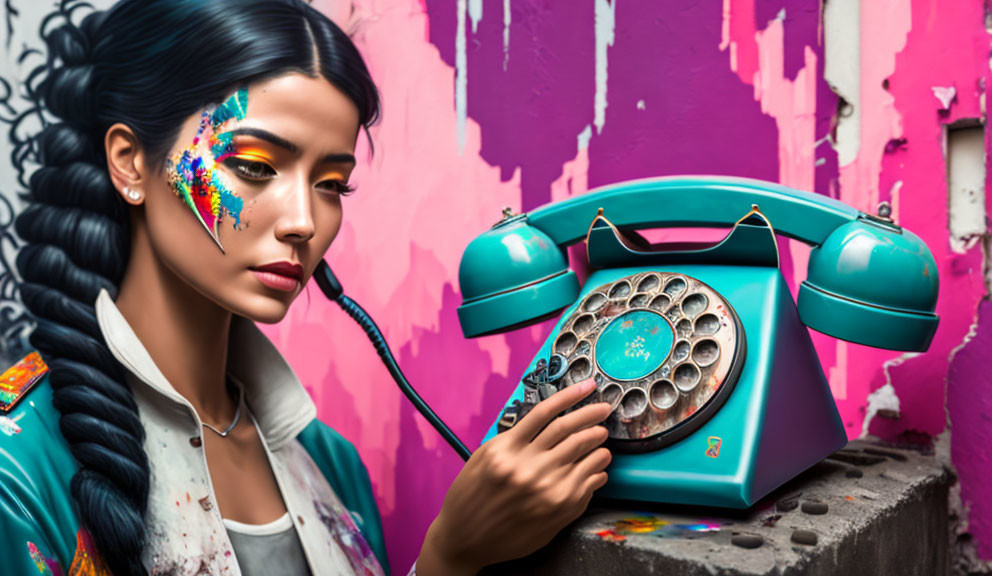 Woman with vibrant makeup and braid holding retro teal rotary phone against graffiti background