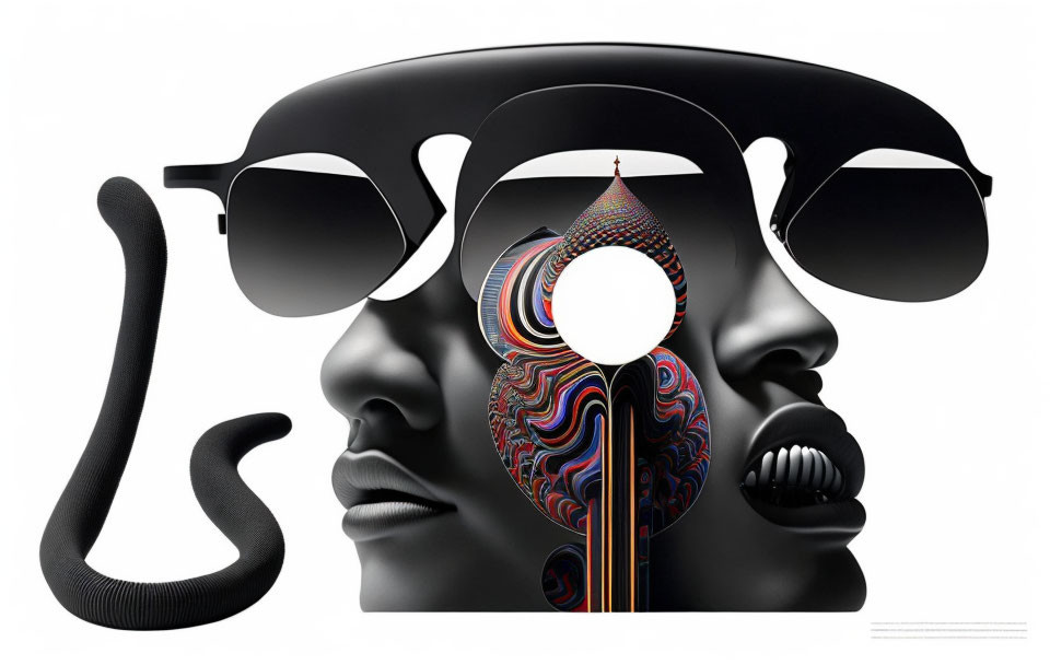 Monochromatic surreal graphic: face silhouette, sunglasses, snake, colorful pattern