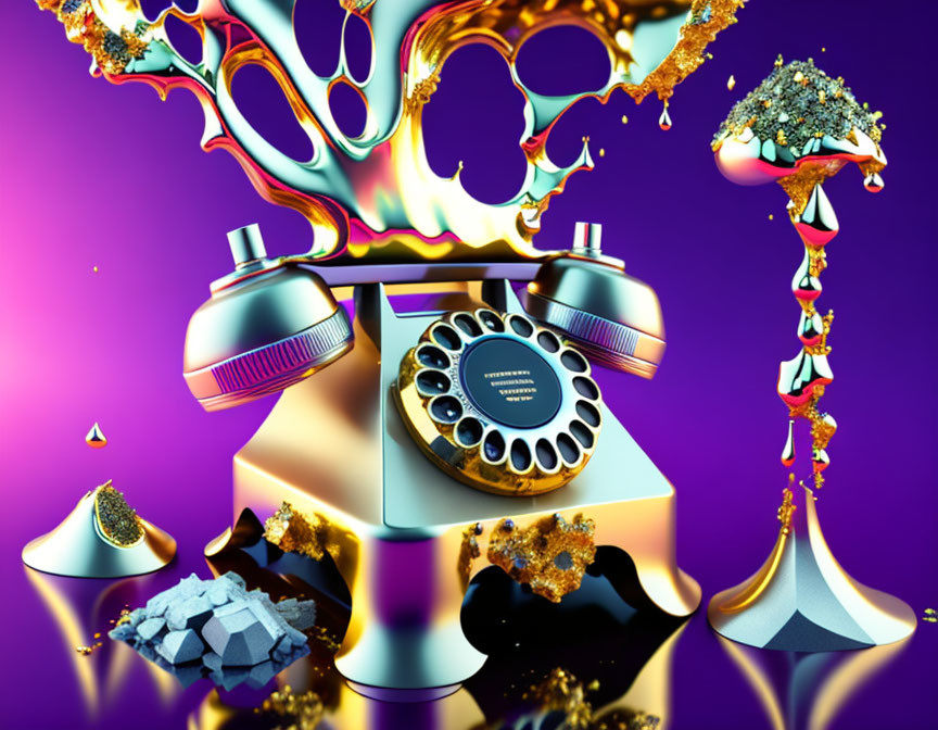 Vibrant surreal image of melting gold rotary phone on purple backdrop