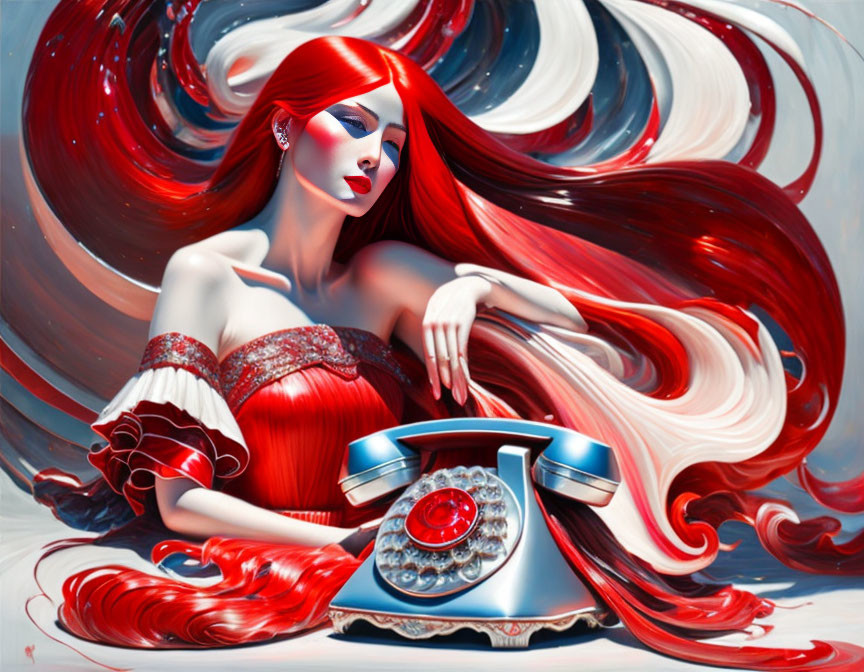 Stylized illustration of woman with red hair and dress next to vintage telephone and abstract swirls