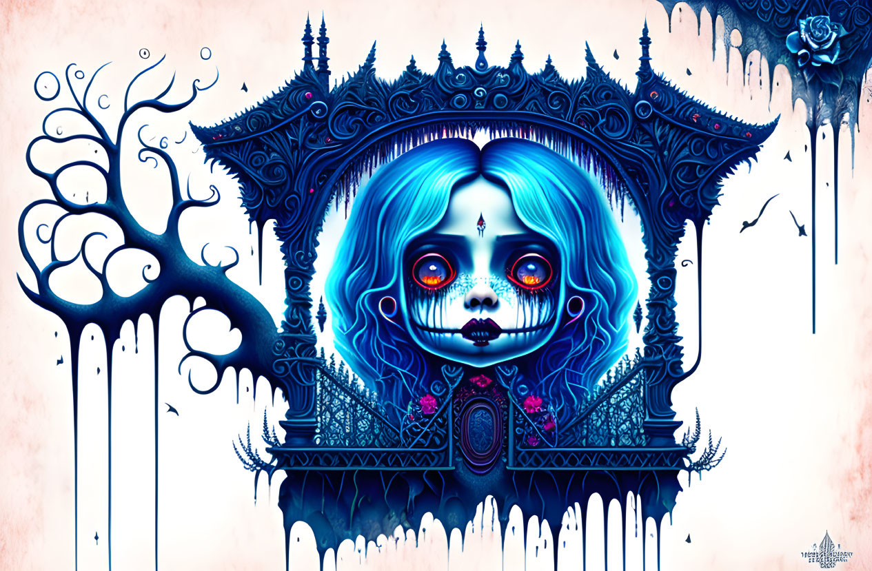 Surreal blue girl's face in ornate gothic frame with whimsical elements