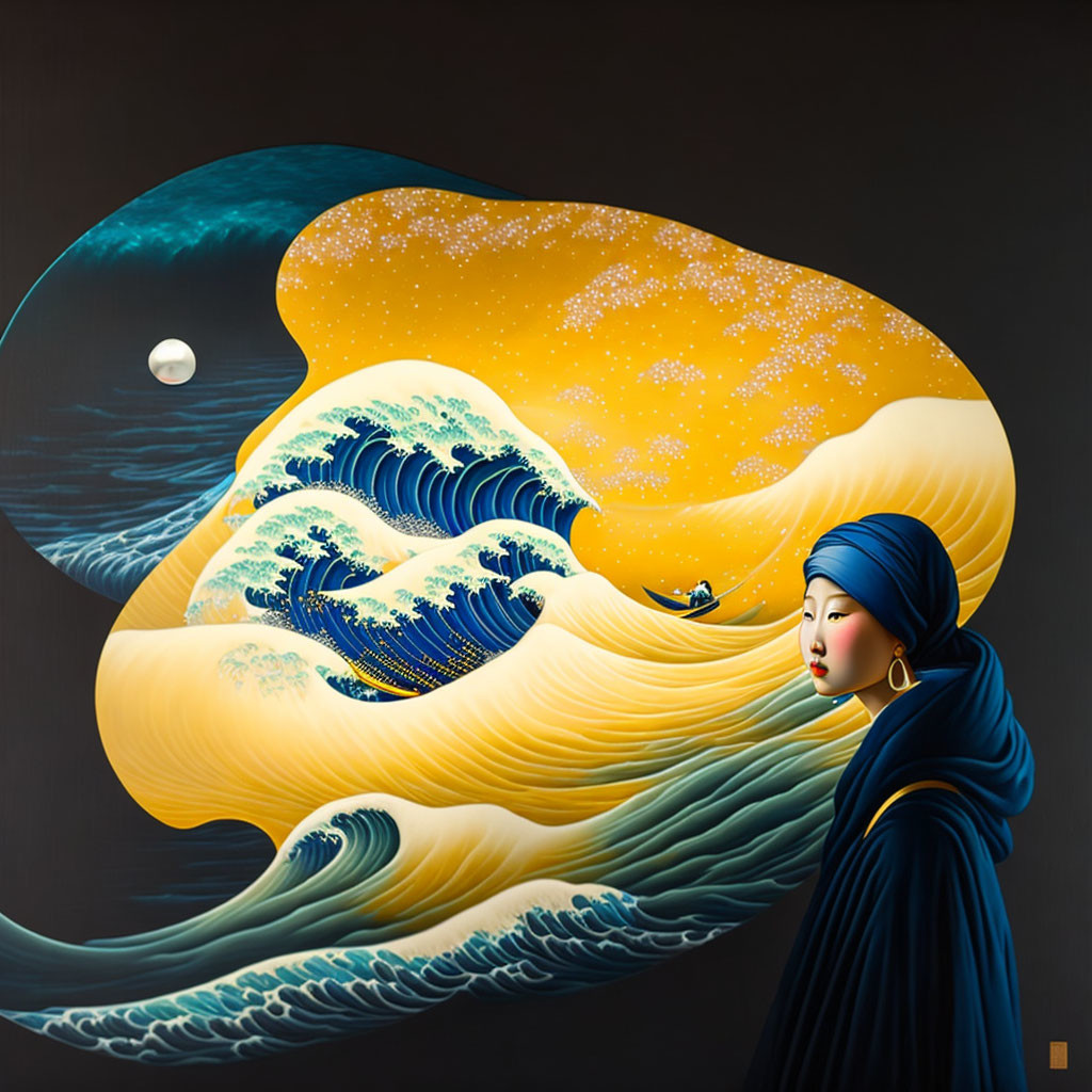 Surreal illustration of woman with wave-inspired hair in blue cloak and golden ocean under starry sky