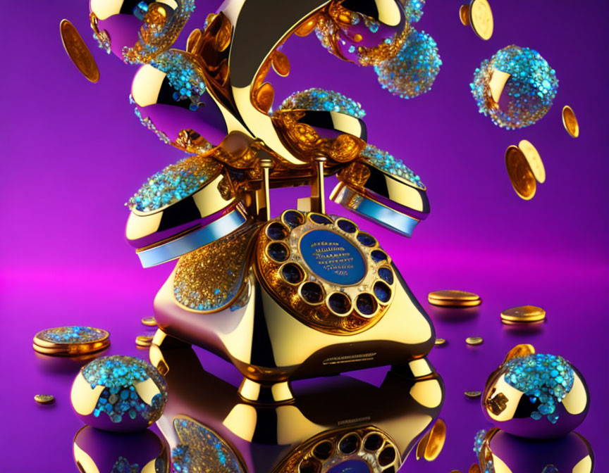 Vintage golden telephone with blue details, coins, orbs on purple background