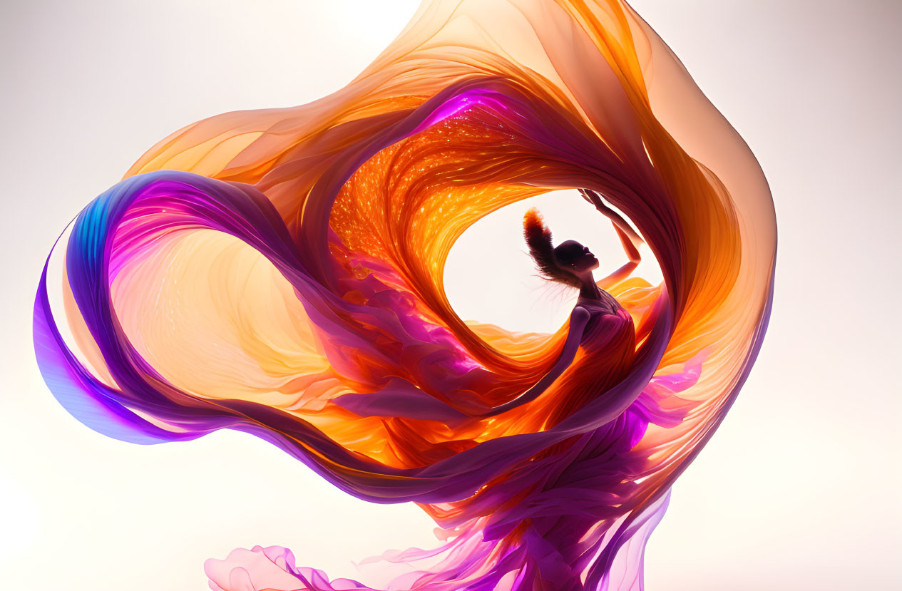 Silhouetted dancer against vibrant orange and purple abstract backdrop