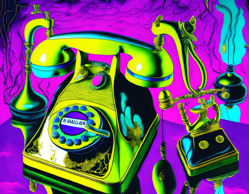 Colorful Surreal Artwork: Vintage Rotary Dial Telephones with Abstract Patterns