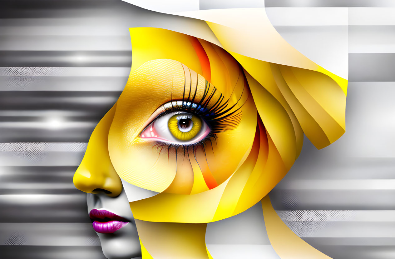 Surreal 3D woman's face with yellow eye, abstract shapes, monochrome stripes