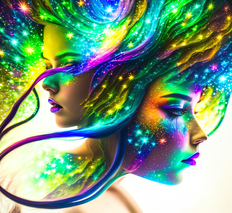 Colorful digital artwork of two female figures with space-themed hair on white background