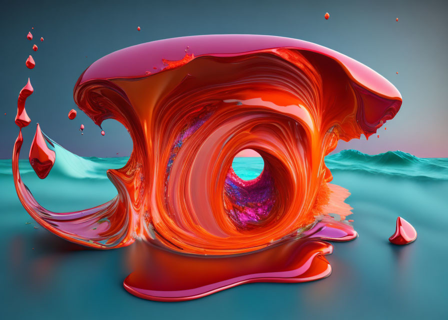 Colorful 3D rendering of fluid orange structure on teal backdrop