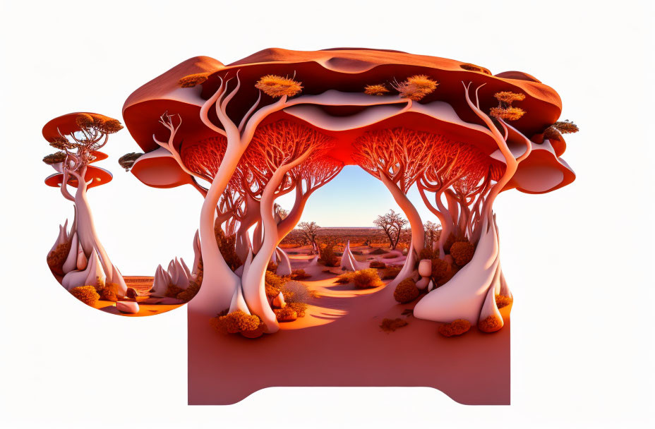 Surreal orange tree-like structures in desert landscape