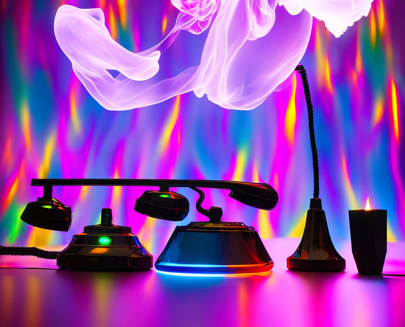 Colorful Neon-Lit Retro Gaming Joysticks with Ethereal Smoke and Candle