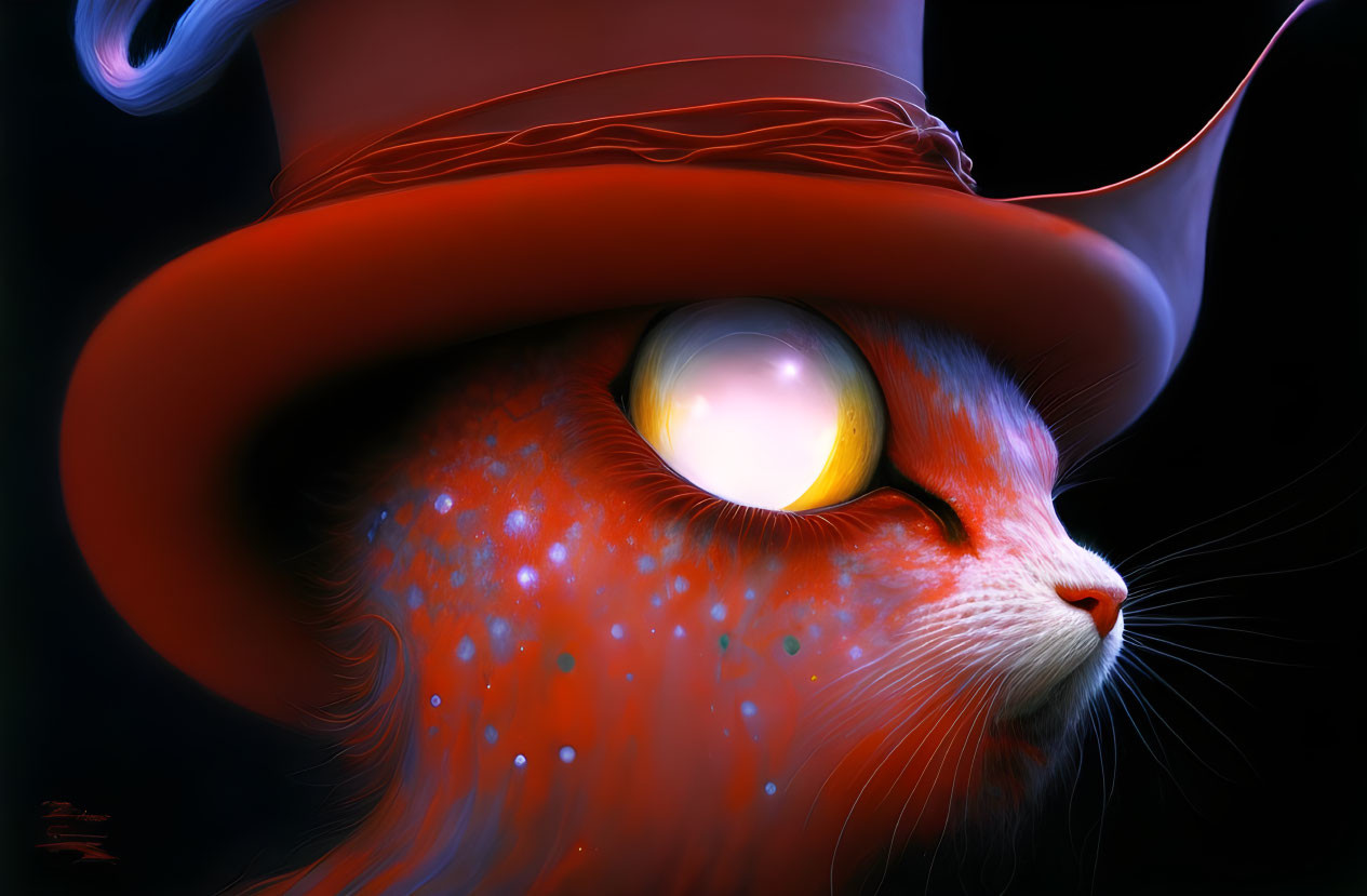 Orange cat with glowing yellow eye in red top hat - whimsical design