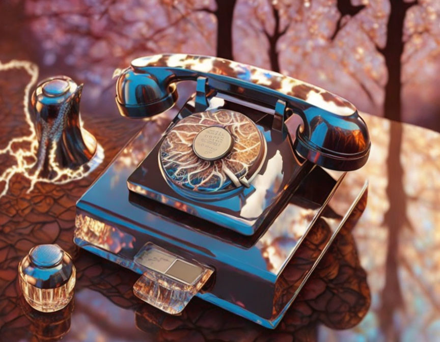 Vintage-style rotary phone in glossy blue finish with intricate patterns on reflective surface amidst amber crystal formations.