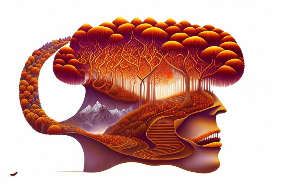 Colorful surreal human profile with tree-filled brain and landscape