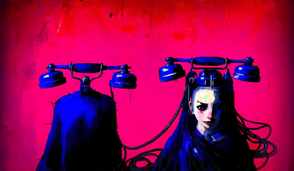 Stylized figures with dark hair connected to old-style telephones on red background