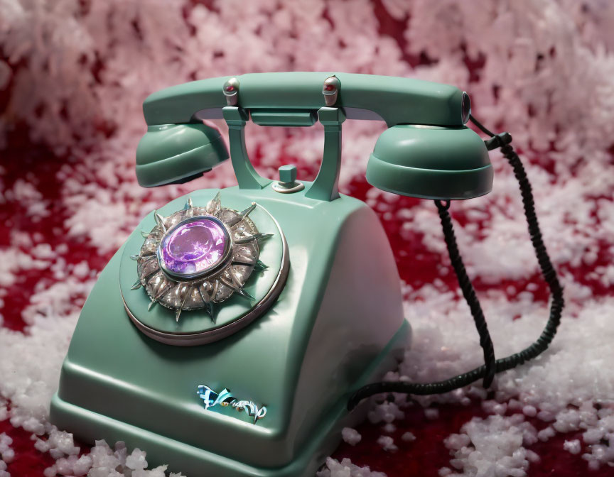 Vintage Mint-Green Telephone with Purple Gemstone on Pink Background