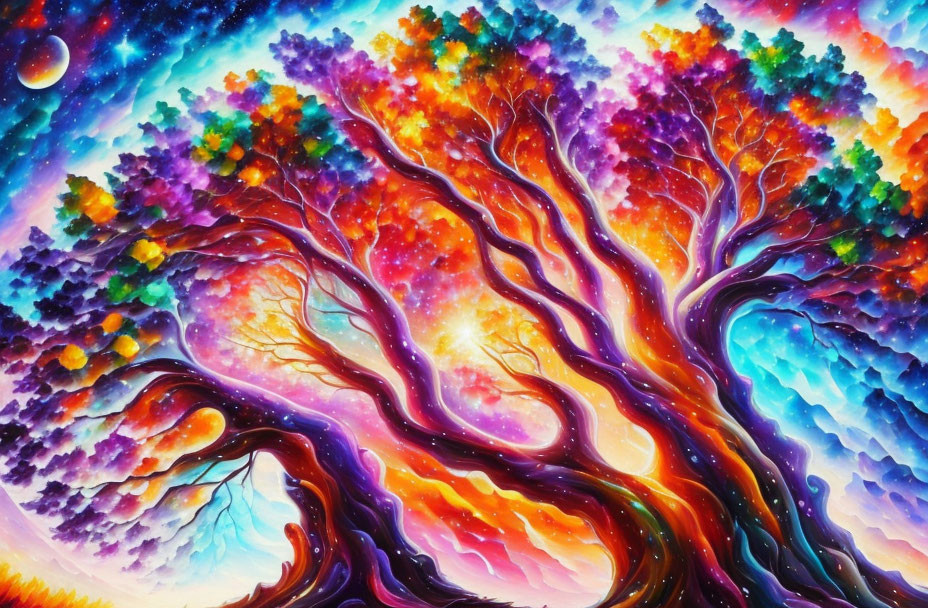 Colorful Stylized Tree Artwork with Cosmic Background