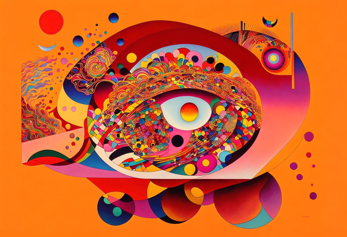 Colorful Abstract Artwork: Swirls, Dots, Geometric Shapes on Orange Background