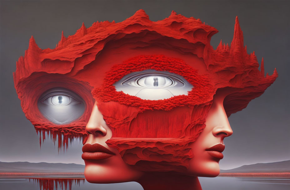 Interconnected faces with red textured masks on gray backdrop