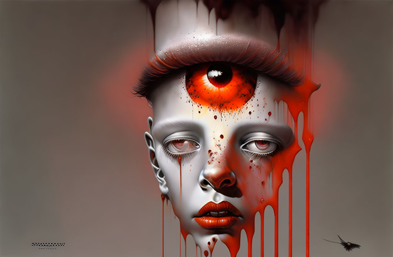 Surreal upside-down face with single eye and red paint on gray backdrop