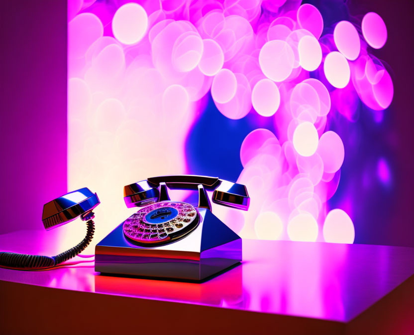 Vintage Telephone on Book with Purple and Pink Bokeh Light