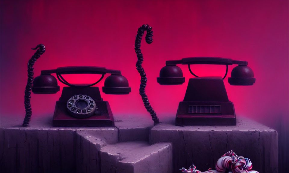 Vintage telephones with twisted cords on pink-red background