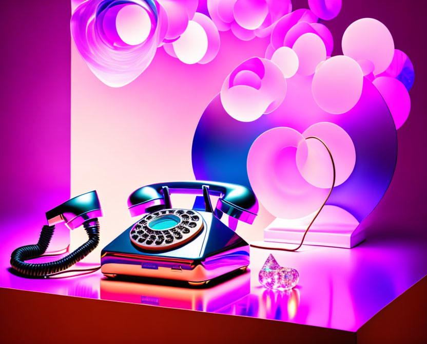 Colorful Retro Rotary Phone Art with Abstract Shapes and Dynamic Lighting