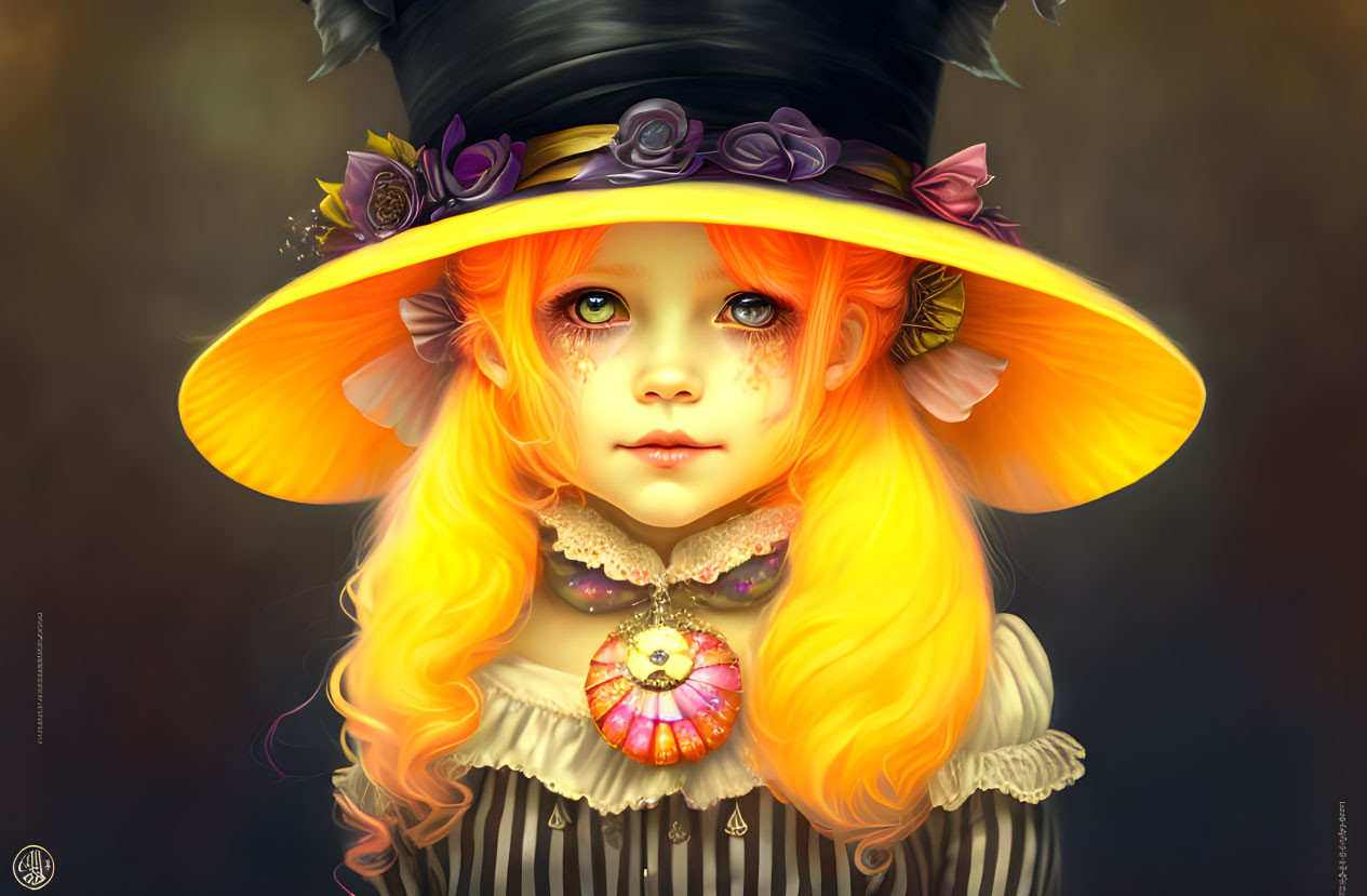 Vibrant girl illustration with orange hair, amber eyes, wide-brimmed hat, vintage dress