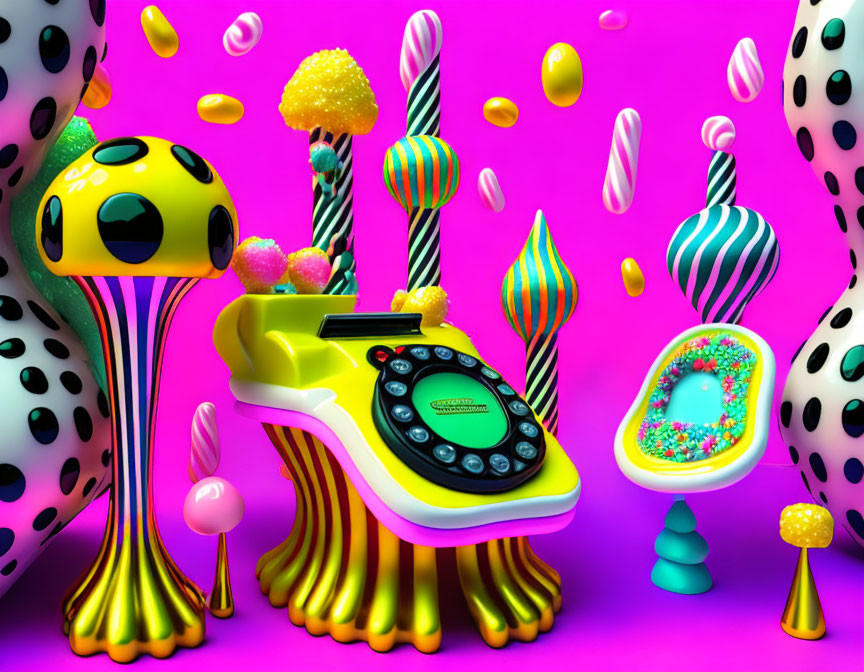 Colorful Fantasy Landscape with Whimsical Telephone & Candy-Like Objects