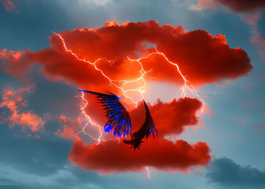 Mythical bird with glowing blue wings in front of red cloud with lightning