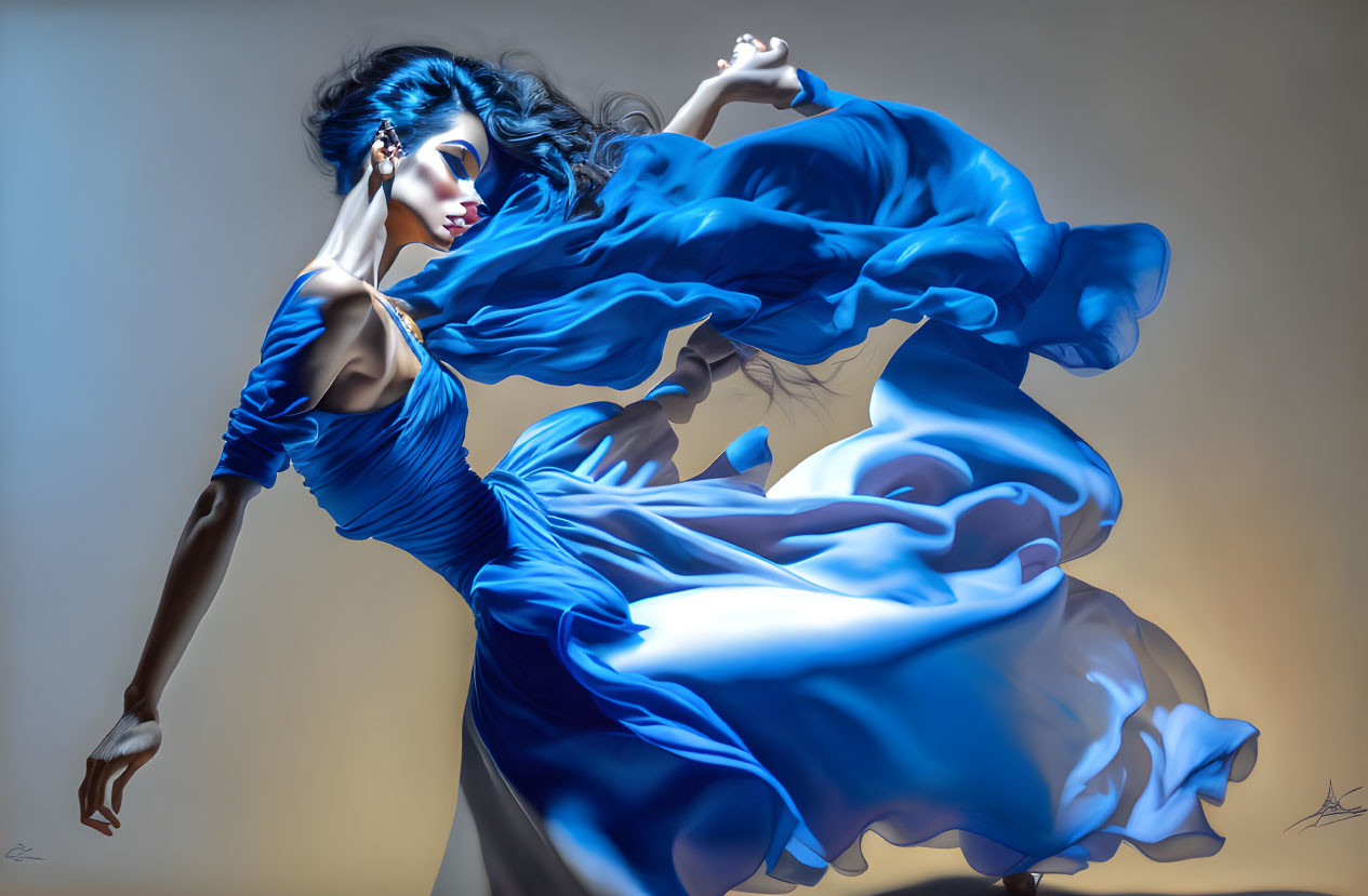 Dynamic digital artwork: Woman in flowing blue dress spinning with billowing hair and fabric