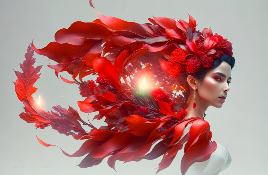 Vibrant surreal portrait of a woman with red floral headdress