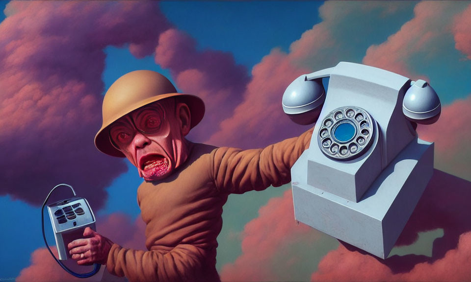 Exaggerated man caricature with helmet and vintage telephone, screaming under cloudy sky.